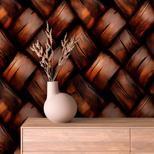 WOOD 0042 – markante Holzstruktur in diagonaler 3D-Optik. Ausdrucksstarke Wandgestaltung mit warmem Walnusston für edle Raumkonzepte.