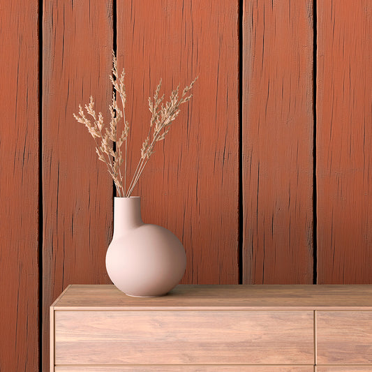 WOOD 0044 – Rustikaler Wandbelag in warmem Terrakottarot mit charaktervoller Holzstruktur. Ideal für gemütliche Wohnkonzepte und naturnahes Design.