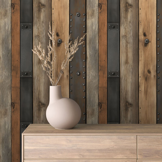WOOD 0048 – Wandbelag im Industrial-Stil mit Holz-Metall-Kombination. Rustikal, modern, markant. Ideal für Loftdesigns und kreative Raumkonzepte.