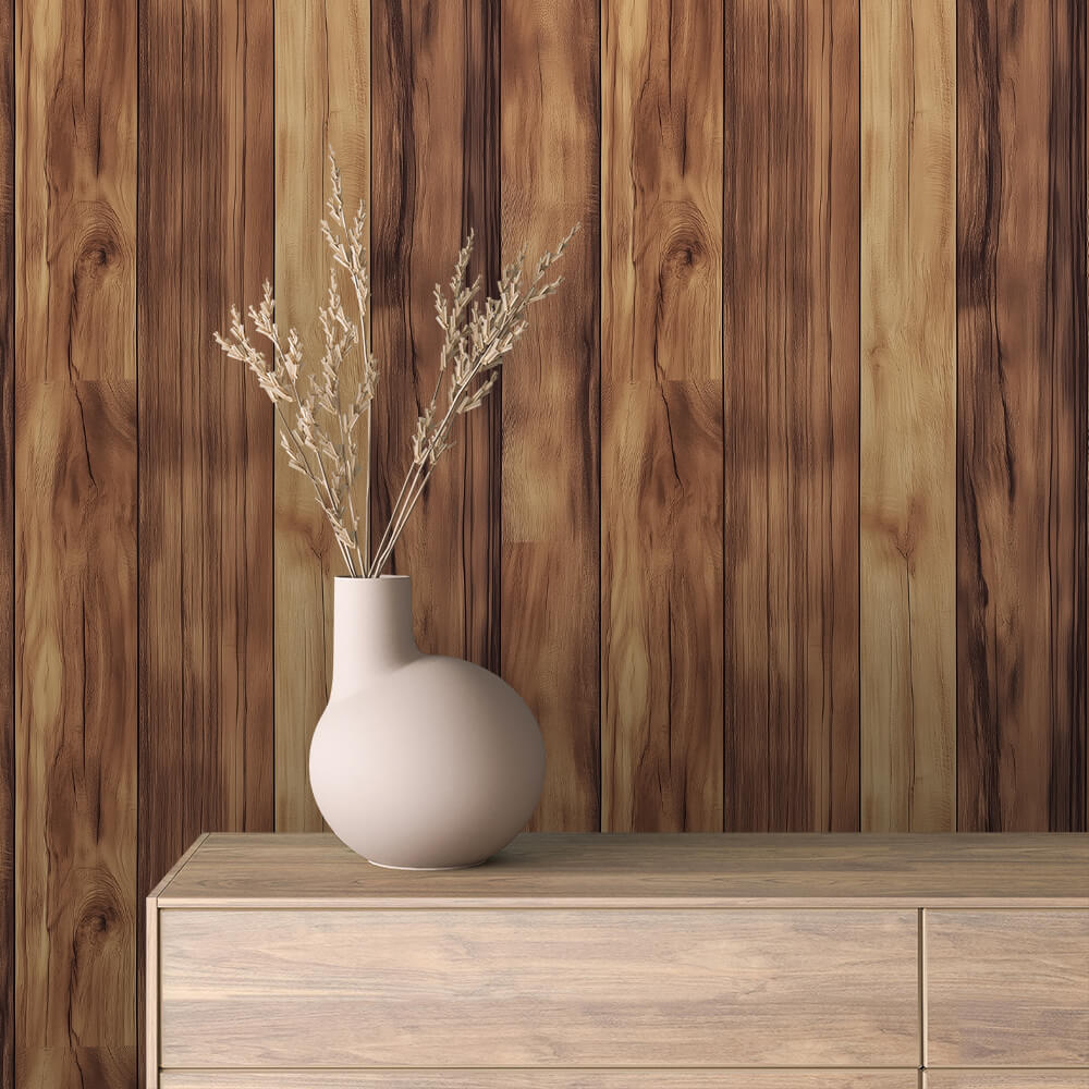 WOOD 0049 – Ausdrucksstarker Wandbelag in edler Akazienholz-Optik. Goldene und nussige Nuancen schaffen Wärme und Eleganz in modernen Räumen.