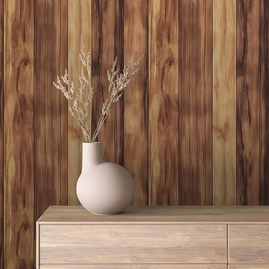 WOOD 0049 – Ausdrucksstarker Wandbelag in edler Akazienholz-Optik. Goldene und nussige Nuancen schaffen Wärme und Eleganz in modernen Räumen.