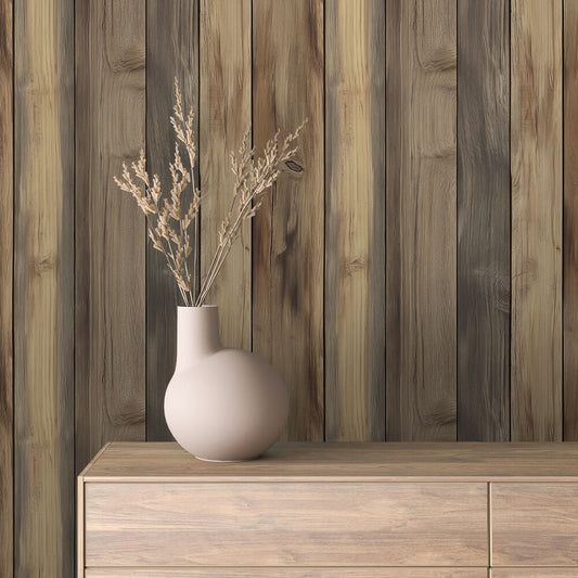 WOOD 0050 – Charakterstarke Wandverkleidung in verwitterter Kiefernholz-Optik. Sand-, Braun- und Grautöne für einen rustikal-eleganten Look.