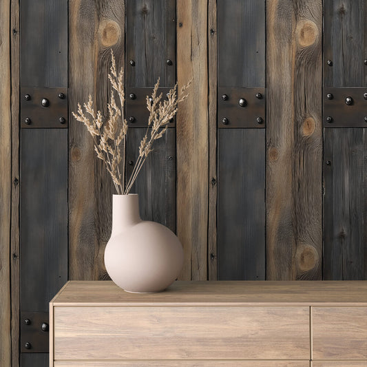 WOOD 0051 – Ausdrucksstarke Wandverkleidung in Altholz-Optik mit Metallakzenten. Perfekt für Industrial-Looks, Lofts und charakterstarke Räume.