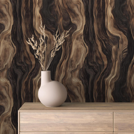 WOOD 0052 – Dramatischer Wandbelag mit künstlerischer Wurzelholz-Optik in Braun und Schwarz. Ideal für elegante Räume mit expressivem Charakter.
