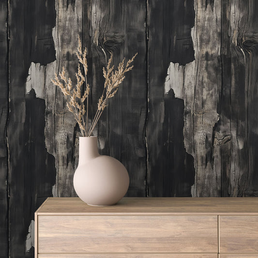 WOOD 0060 – Ausdrucksstarkes Wanddesign in verkohlter Treibholz-Optik. Dunkel, rustikal und voller Struktur für urbane Raumkonzepte.