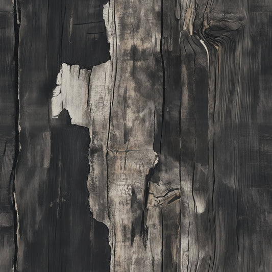 WOOD 0060 – Ausdrucksstarkes Wanddesign in verkohlter Treibholz-Optik. Dunkel, rustikal und voller Struktur für urbane Raumkonzepte.