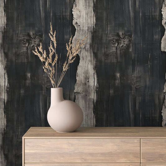 WOOD 0061 – Dunkles, verkohltes Altholz-Design mit kontrastreicher Struktur für eine markante, urbane Wandgestaltung mit Charakter.