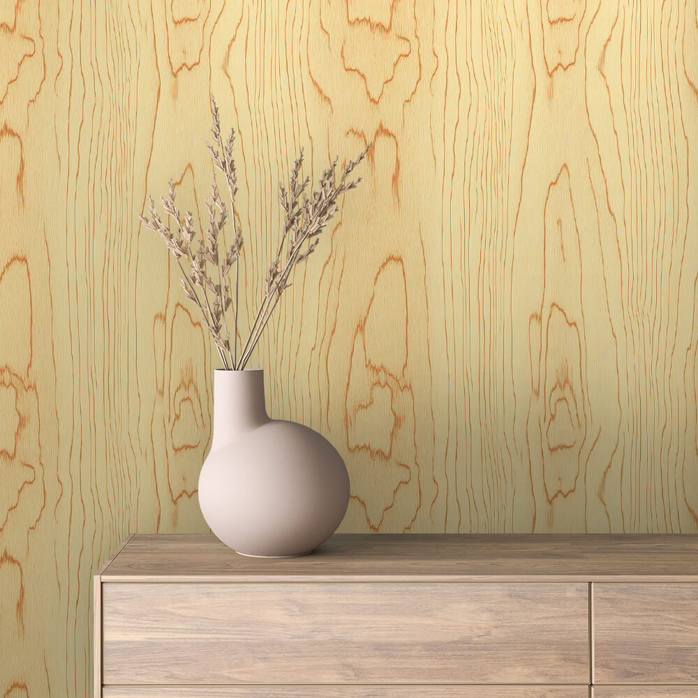 WOOD 0068 – Ausdrucksstarke Maserung in Gelb-Orange. Charaktervoll, warm und perfekt für kreative, lebendige Raumkonzepte.