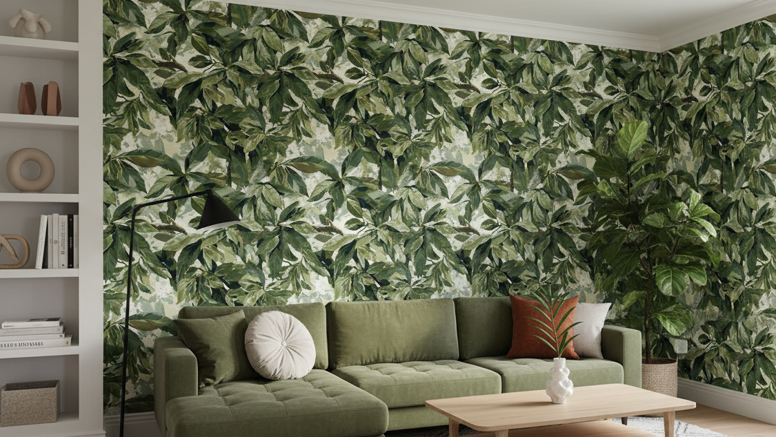Wohnzimmer grüne Bläter Tapete