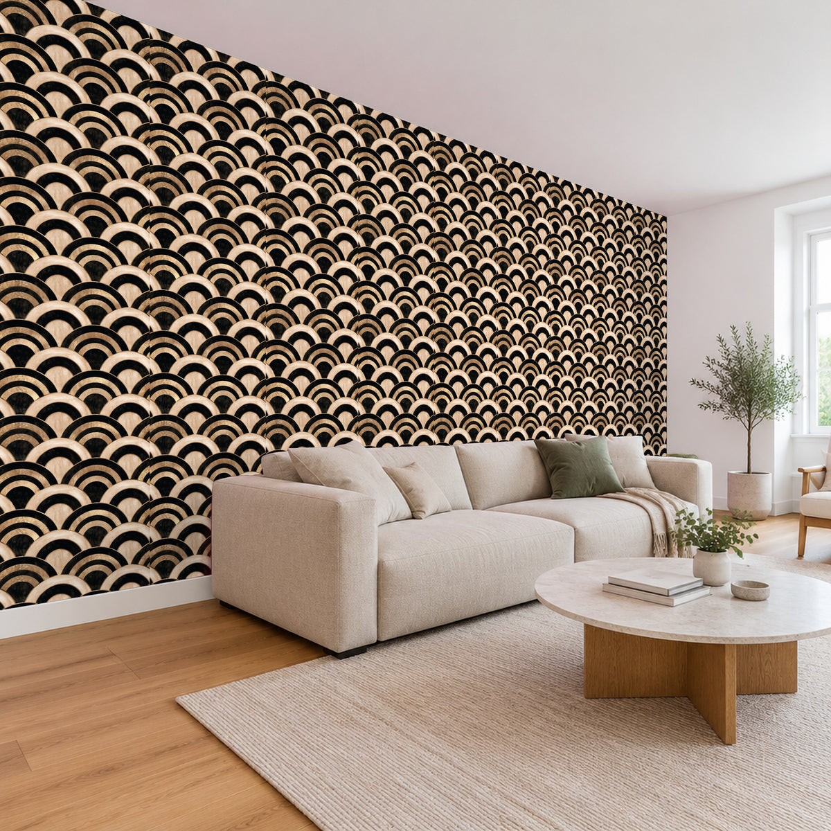 Art Deco Tapete – Goldene Bögen auf Schwarz im Wohnzimmer, Schrägansicht (Raumvisualisierung)