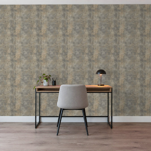 Betontapete – Gesprenkelter Used-Beton im Homeoffice hinter dem Schreibtisch (Raumvisualisierung)
