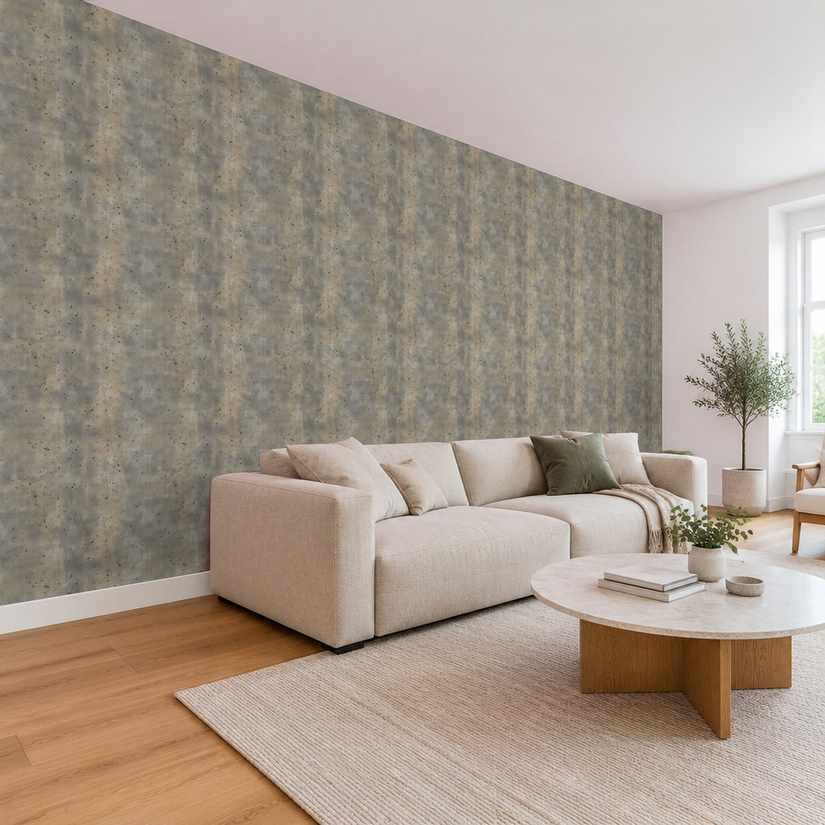 Betontapete – Gesprenkelter Used-Beton im Wohnzimmer, Schrägansicht (Raumvisualisierung)