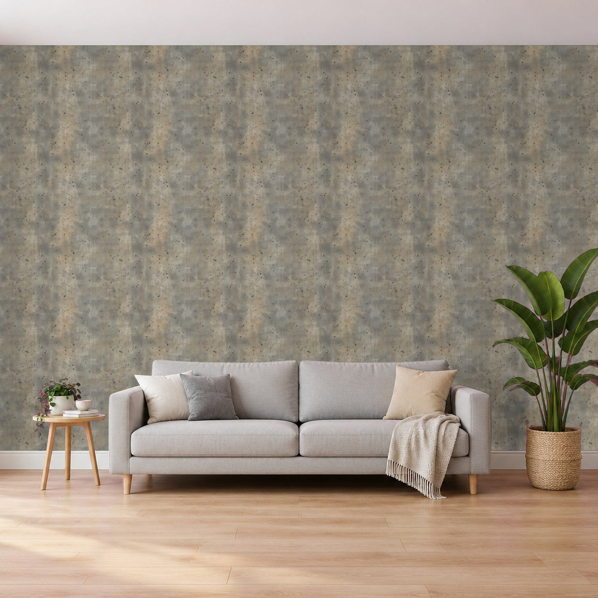 Betontapete – Gesprenkelter Used-Beton im Wohnzimmer hinter dem Sofa (Raumvisualisierung)