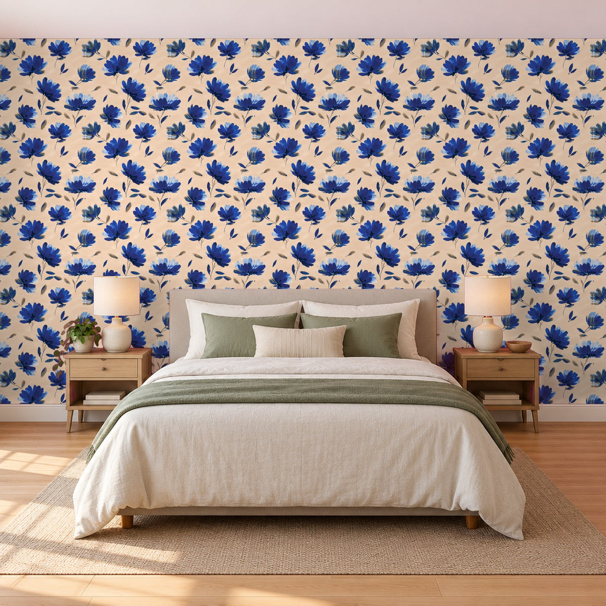 Blumentapete Blau – Gemalte Blüten auf Beige im Schlafzimmer hinter dem Bett (Raumvisualisierung)