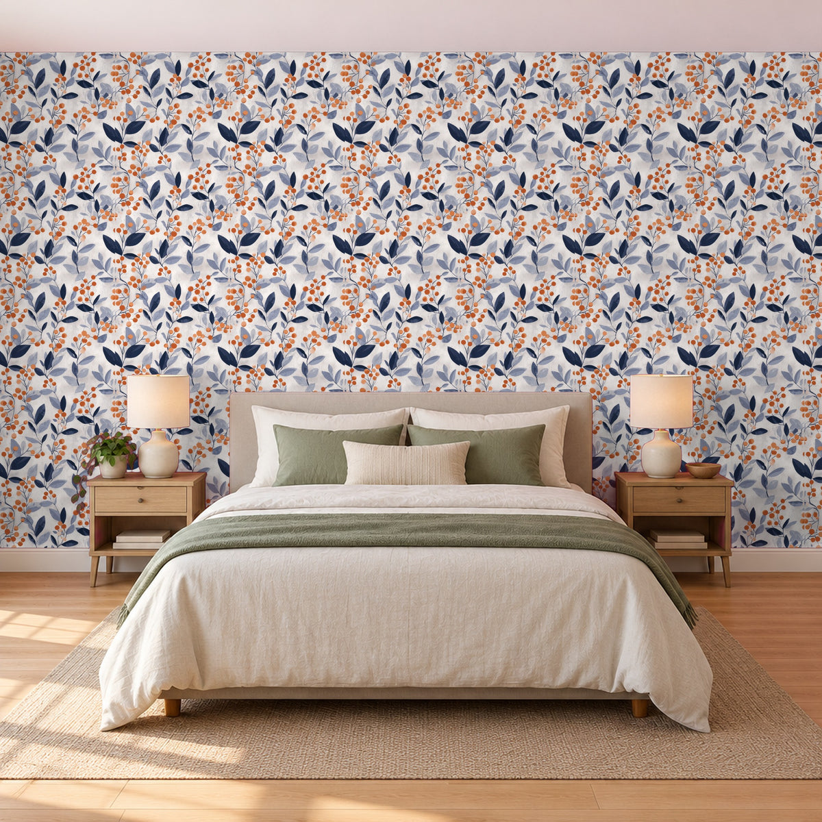 Blumentapete – Blaue Blätter mit roten Beeren im Schlafzimmer hinter dem Bett (Raumvisualisierung)