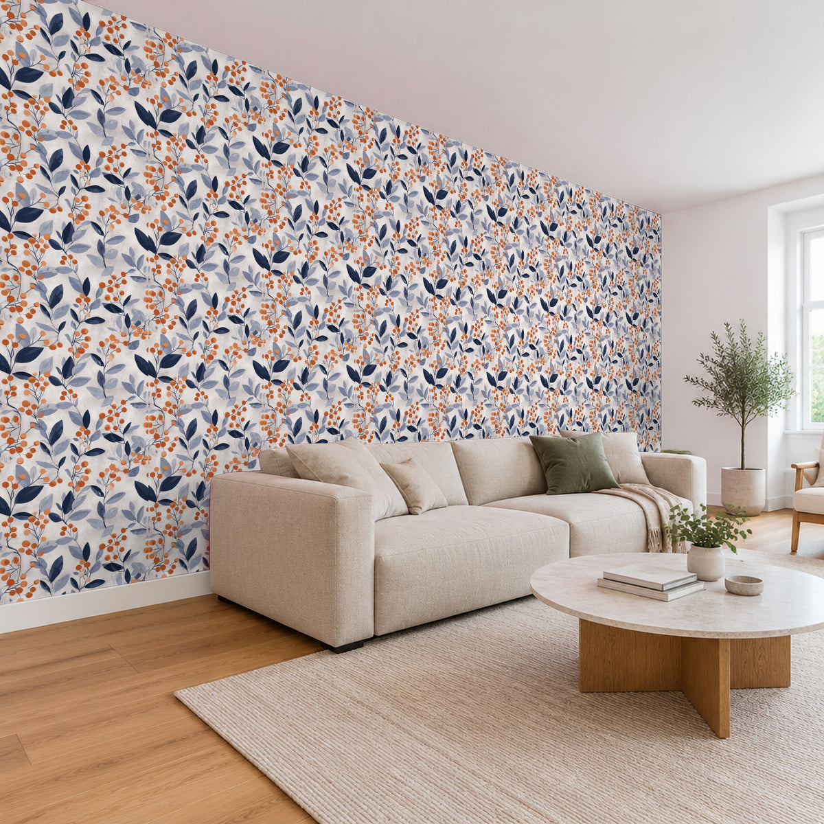 Blumentapete – Blaue Blätter mit roten Beeren im Wohnzimmer, Schrägansicht (Raumvisualisierung)