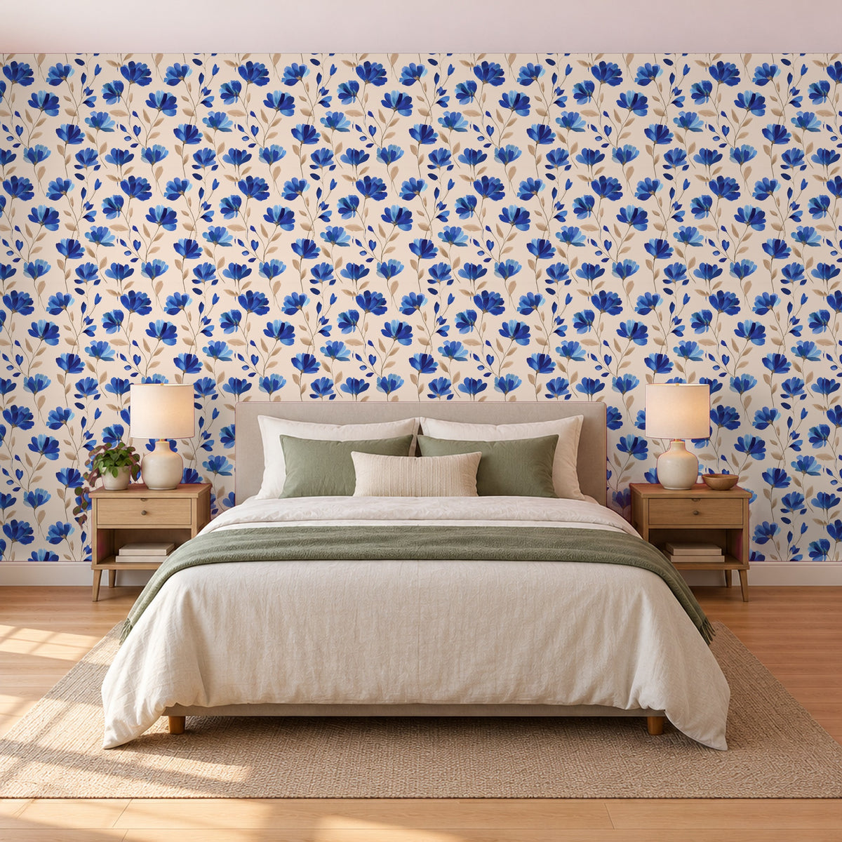 Blumentapete – Blaue Blumen auf Creme im Schlafzimmer hinter dem Bett (Raumvisualisierung)