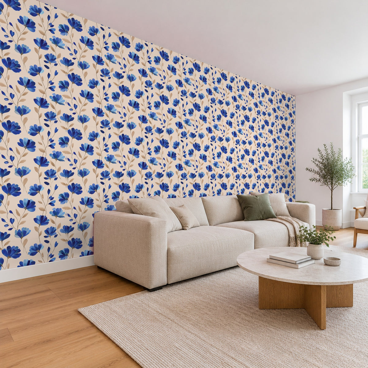 Blumentapete – Blaue Blumen auf Creme im Wohnzimmer, Schrägansicht (Raumvisualisierung)
