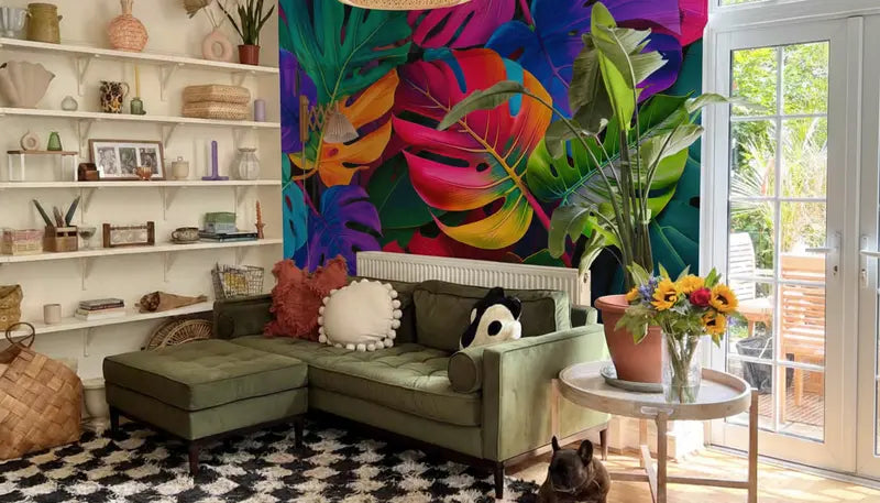 Dschungel Tapete TropiPop Powerblätter – XXL-Monstera in Pink und Grün im Wohnzimmer