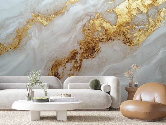 3D Marmor Tapete in Weißgold  Fließender Look & selbstklebend  PVC-frei – Pimp My Wall
