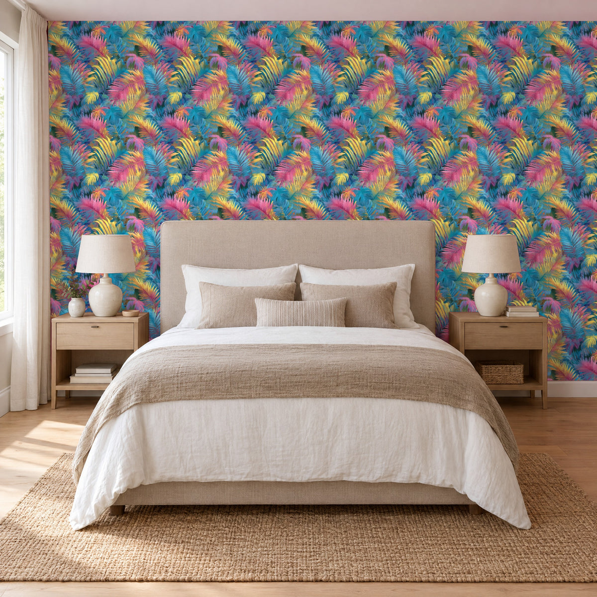 Dschungel Tapete Bunte Palmenblätter als Akzentwand im Schlafzimmer hinter dem Bett (Raumvisualisierung)