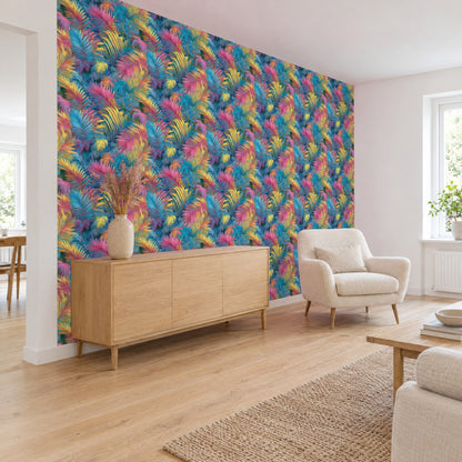 Dschungel Tapete Bunte Palmenblätter im Wohnzimmer hinter einem Sideboard, Schrägansicht (Raumvisualisierung)