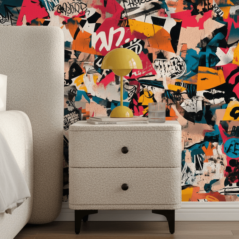 Teddy Nachttisch vor Graffiti Tapete