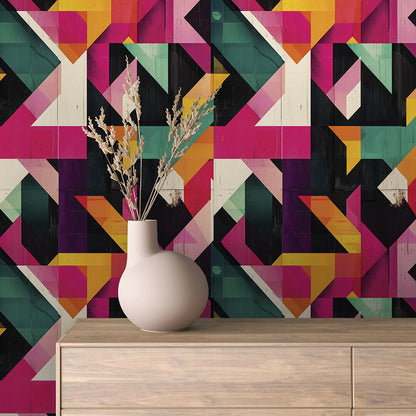 Geometrische Retro-Tapete in Pink, Gelb & Türkis