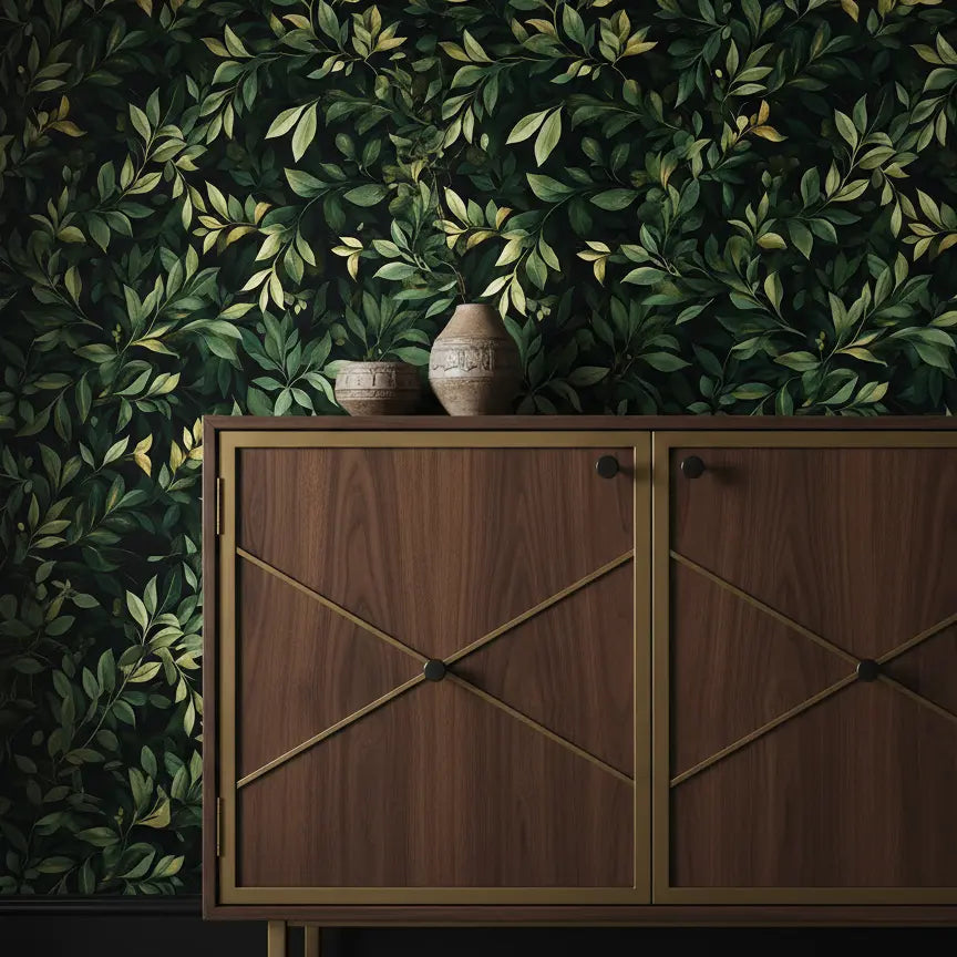 Blumentapete Blätter Schwarz – Modern – Dichtes, allover Blättermuster auf tiefem, fast schwarzem Hintergrund.