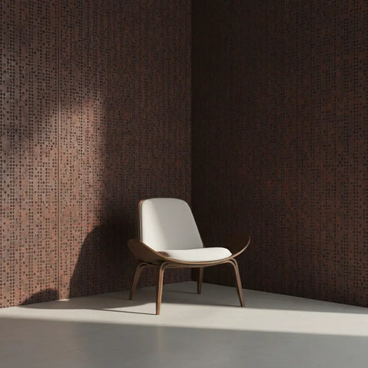 Metallic Tapete Rost Pixel Muster – Dunkelbraune Metalloberflaeche, die mit einem feinen, pixelartigen Rastermuster aus kl...