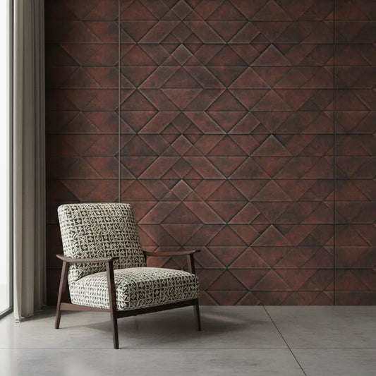Metallic Tapete Geometrische Metallfliesen – Geometrische Dreiecks- und Rautenfliesen in dunklem, oxidiertem Metall