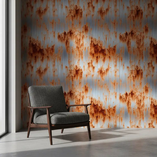 Metallic Tapete Rostlauf Wellblech – Vertikale Wellblechstruktur mit silber-blauem Metallgrund, ueber den sich orange-brau...