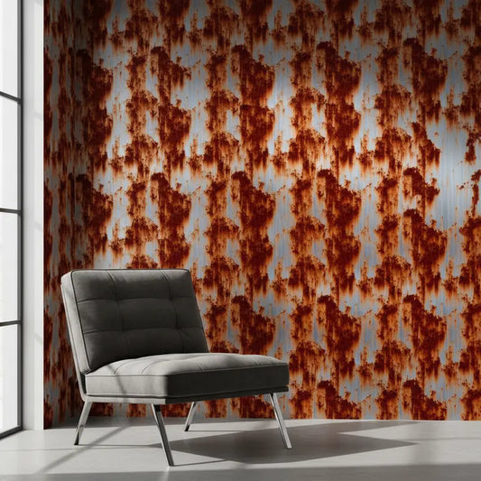 Metallic Tapete Starke Rostläufer – Metallwand auf der kraeftige Rostflecken in sattem Orange auf einer silbergrauen Stahl...