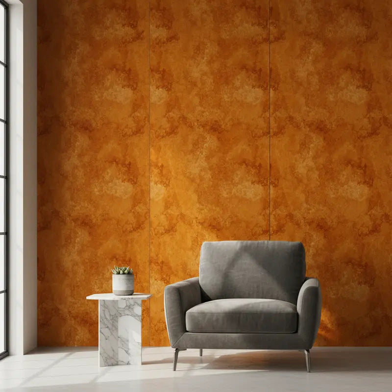 Metallic Tapete Goldrost Wolken – Warme, golden-orangene Metalloberflaeche mit sanft wolkiger Textur und vertikalen Paneel...
