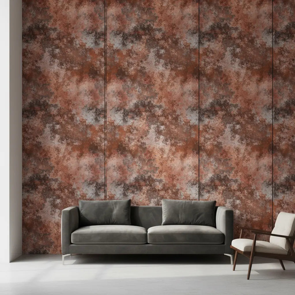 Metallic Tapete Wolkenrost Patina – Grossformatige Metallpaneele mit weicher, wolkiger Patina-Textur in Rosa-Rost-, Grau- ...