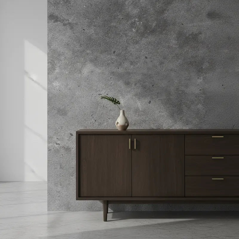 Selbstklebende Tapete Raue Betonoptik – Echter Industrial Look mit realistischer Betonstruktur hinter dunklem Holzsideboard im modernen Raumdesign.