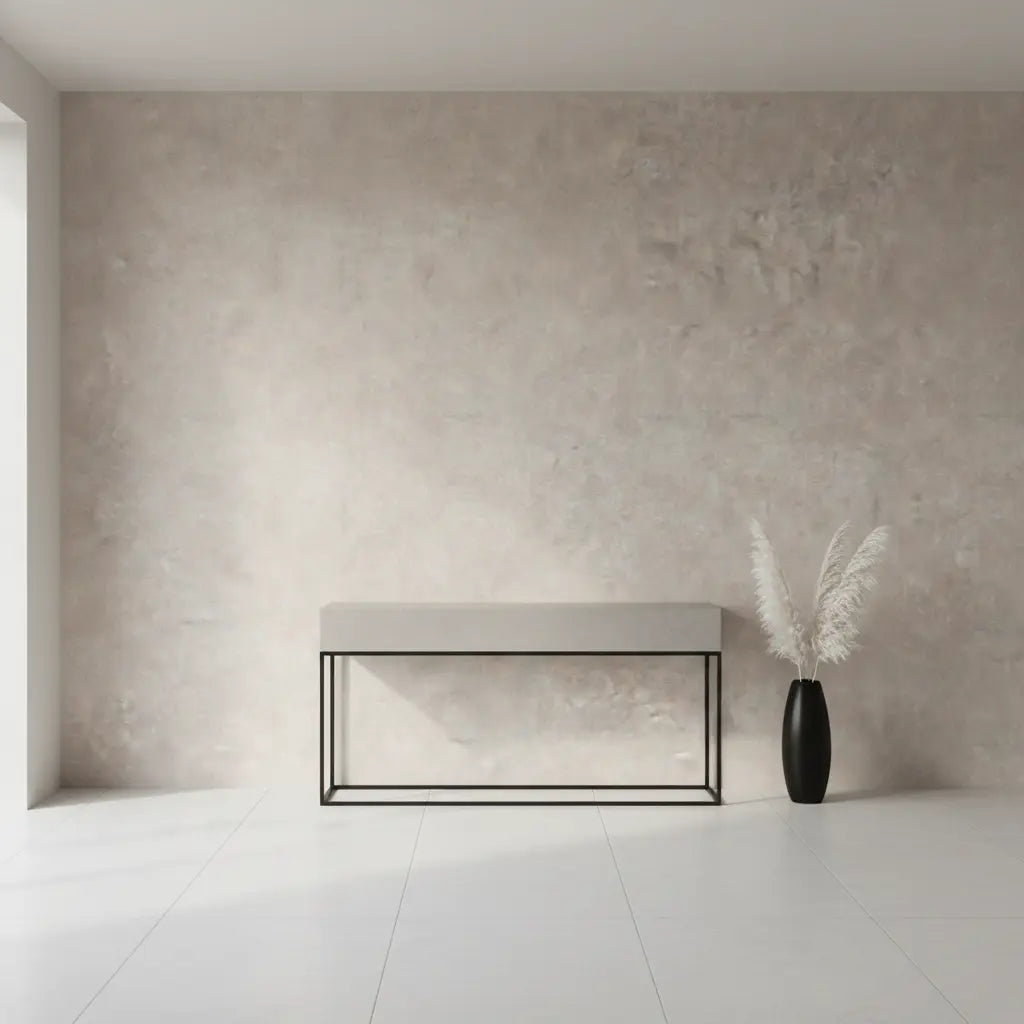 Selbstklebende Tapete Helle Betonoptik – Warmer Industrial Look mit sanfter Struktur in modernem Wohnraum mit Bank und schwarzer Vase.