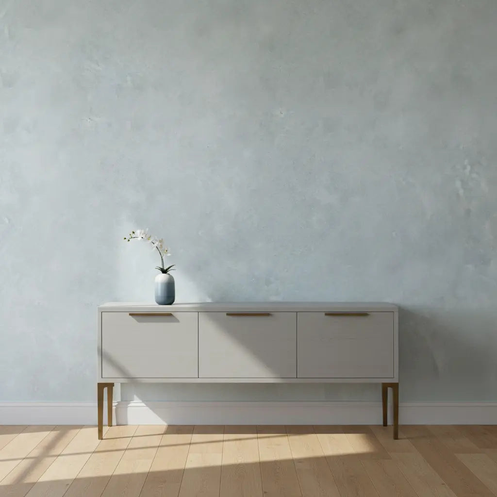 Selbstklebende Tapete Glatte Betonoptik – Heller Industrial Look an Wand hinter Sideboard im minimalistischen Wohnraum mit Holzfußboden.