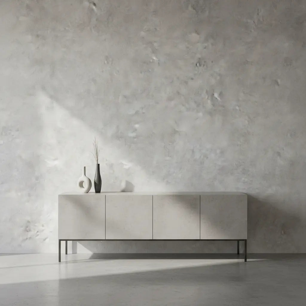 Selbstklebende Tapete Stein Betonoptik – Heller Industrial Look an Wohnzimmerwand mit Sideboard. Perfekt für moderne Wohn- & Arbeitsräume.