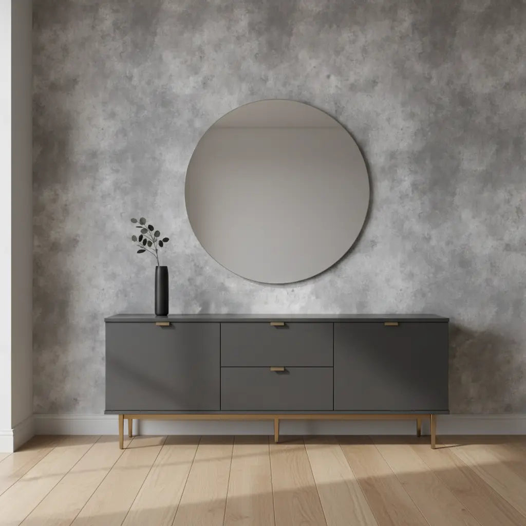Selbstklebende Tapete Graue Betonoptik – Urbaner Industrial Look mit wolkiger Struktur hinter modernem Sideboard und rundem Spiegel.