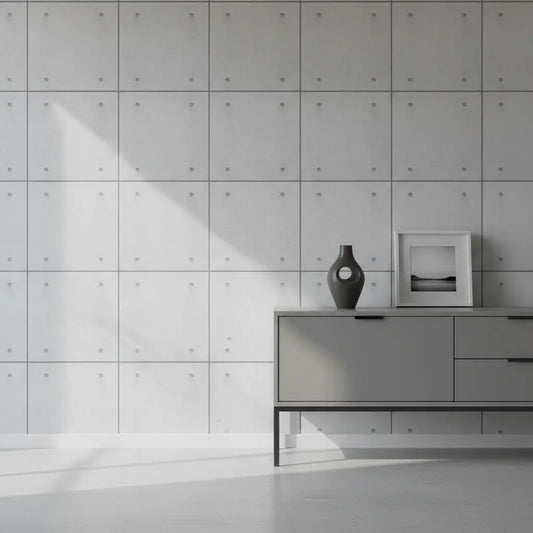 Selbstklebende Tapete Helle Betonplatte – Quad Fix Design mit 4 Fixpunkten für modernen Industrial-Look im Wohnzimmer. Ideal für ruhige Architektur.