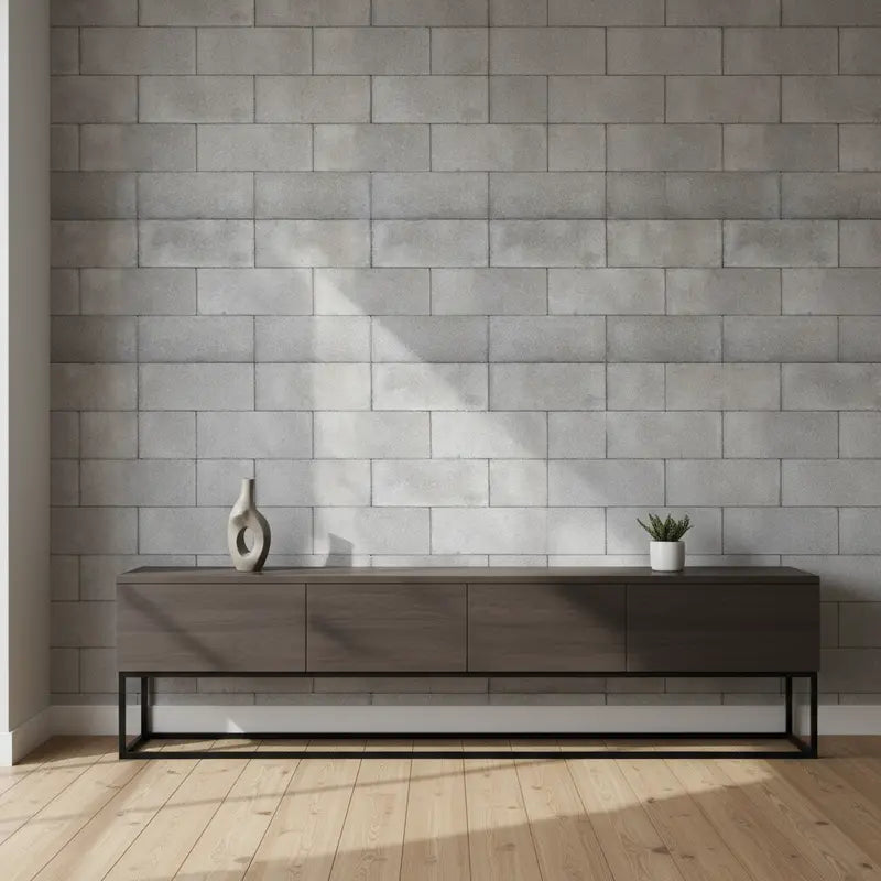 Selbstklebende Tapete Betonstein Optik mit realistischer Industrial Concrete Block Wall hinter modernem Sideboard im Wohnzimmer.