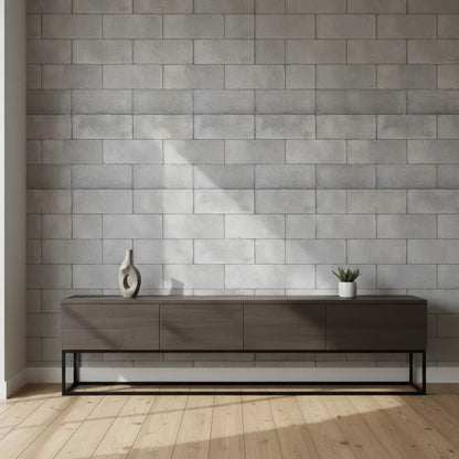Selbstklebende Tapete Betonstein Optik mit realistischer Industrial Concrete Block Wall hinter modernem Sideboard im Wohnzimmer.