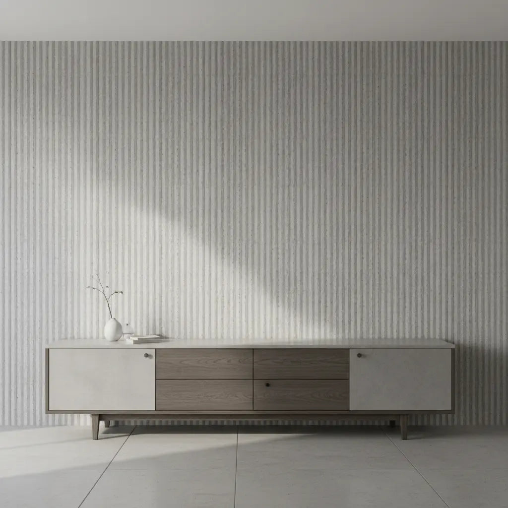 Selbstklebende Tapete Wellblech Optik – Corrugated Metal Sheet verleiht der Wand hinter einem modernen Sideboard einen urbanen Industrie-Look.