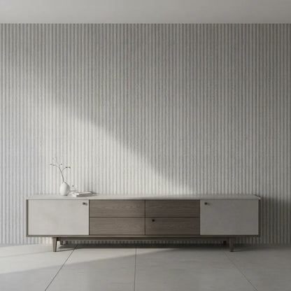 Selbstklebende Tapete Wellblech Optik – Corrugated Metal Sheet verleiht der Wand hinter einem modernen Sideboard einen urbanen Industrie-Look.