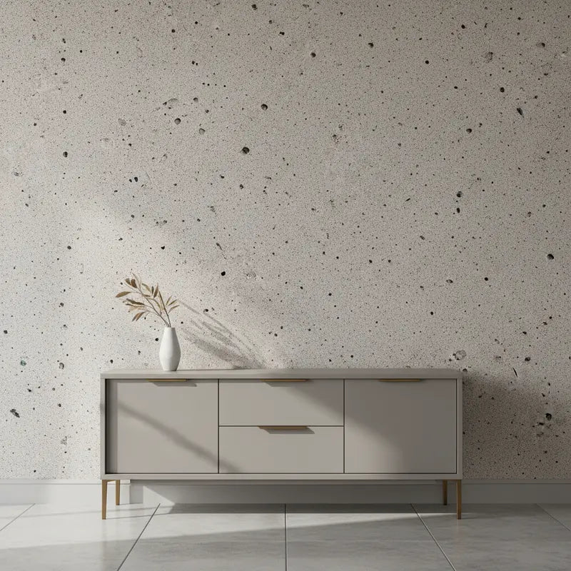 Selbstklebende Tapete Poröse Betonoptik – Porous Concrete Surface in heller Industrial-Optik hinter modernem Sideboard für stilvolle Wandgestaltung.