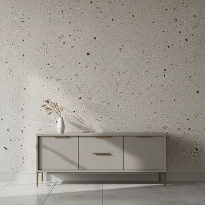Selbstklebende Tapete Poröse Betonoptik – Porous Concrete Surface in heller Industrial-Optik hinter modernem Sideboard für stilvolle Wandgestaltung.