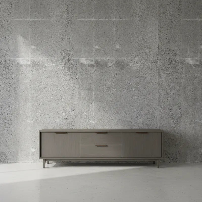 Selbstklebende Tapete Betonplatte Industrial mit realistischer Betonstruktur hinter modernem Sideboard – ideal für urbane Wandgestaltung.