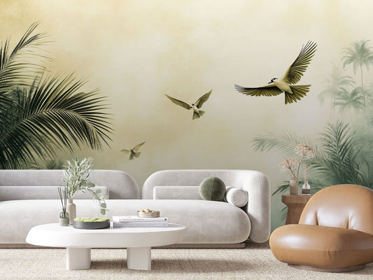 Wandbild mit Heißluftballons und Retro-Doppeldeckern über Berglandschaft – zarte Farben und nostalgischer Flair für stilvolle Kinderzimmer voller Fantasie.
