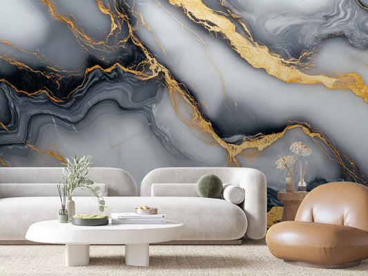 3D Marmor Tapete in Rauchgrau mit Gold  Edler Look & selbstklebend  PVC-frei – Pimp My Wall